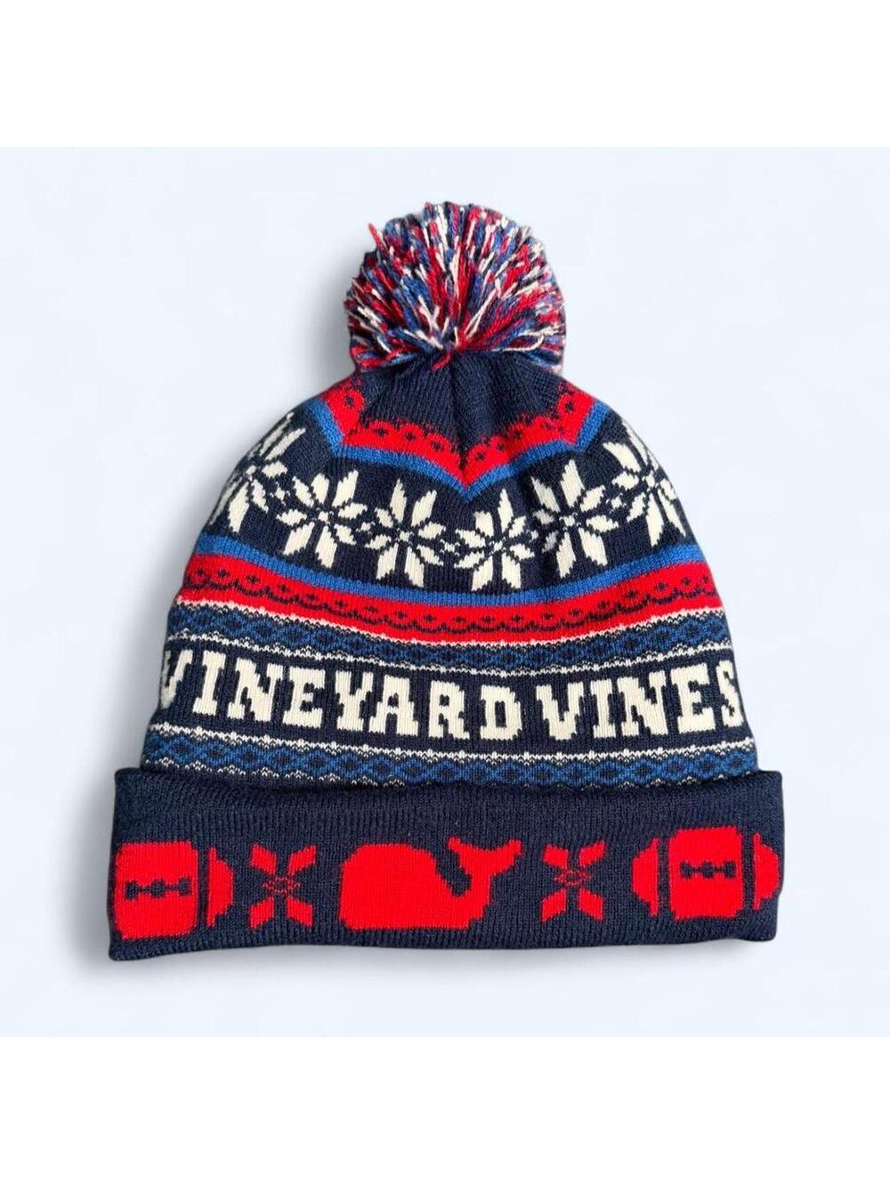 Vineyard Vines Red White Blue Knit Beanie Hat Pom Pom Snowflake Football Whale